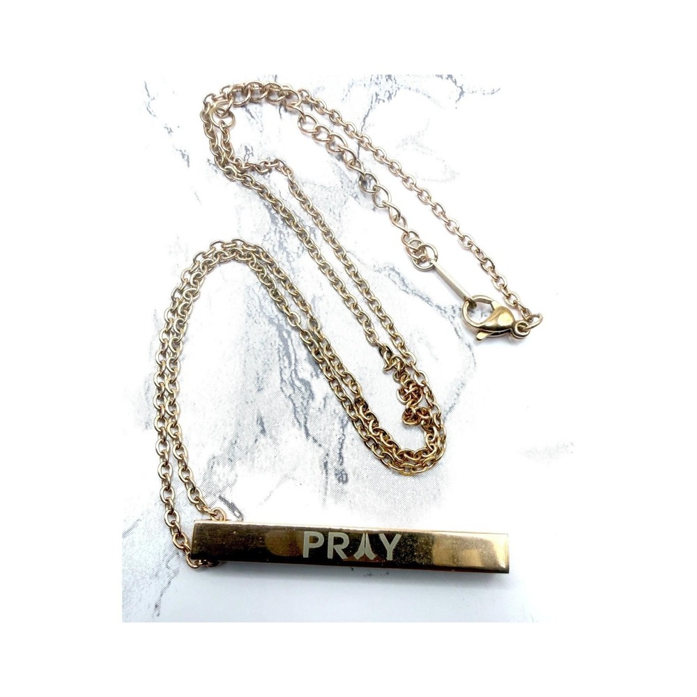 PRAY Bar Necklace Gold Tone Stainless Steel 20" Inspirational Faith Christian